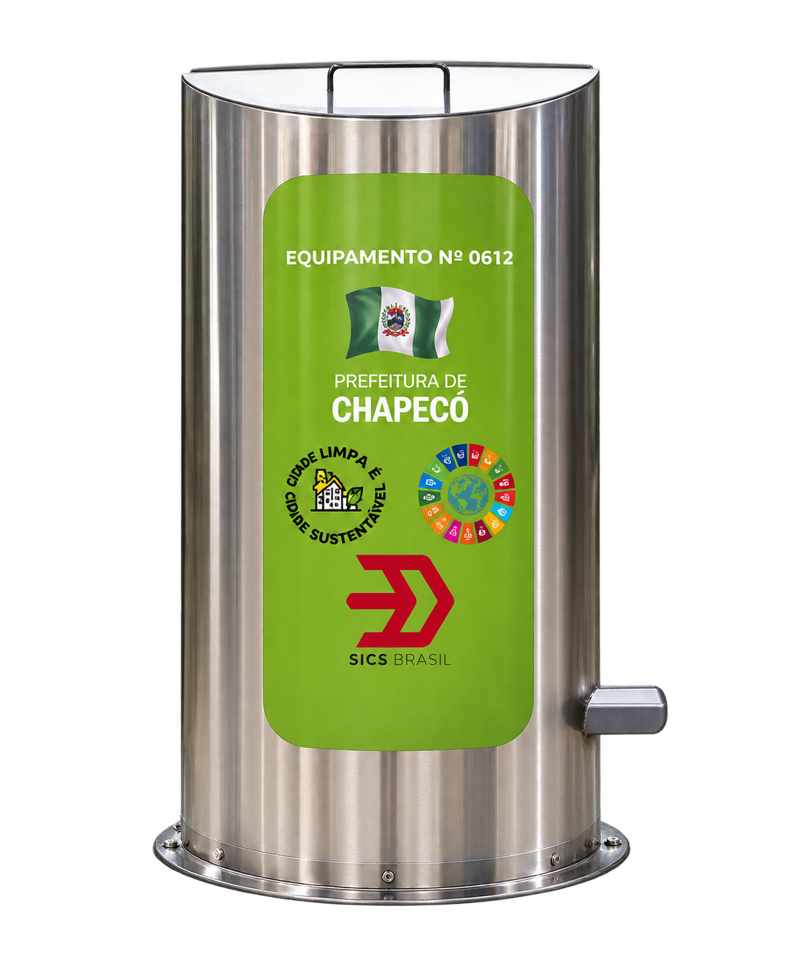 Contentor SICS em aço inox com identificação verde, imagem aprimorada
